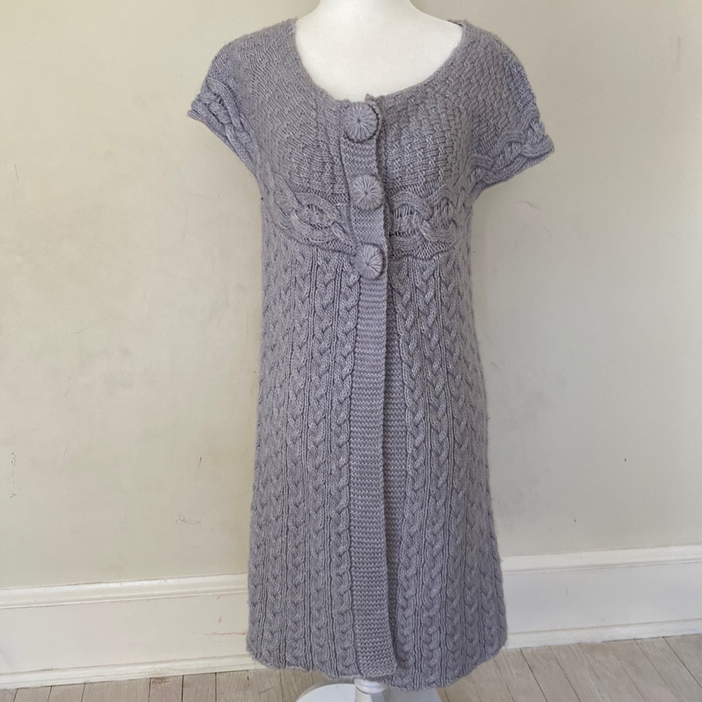 My Tribe Light Gray cable knit short sleeve long cardigan Sz M NWT